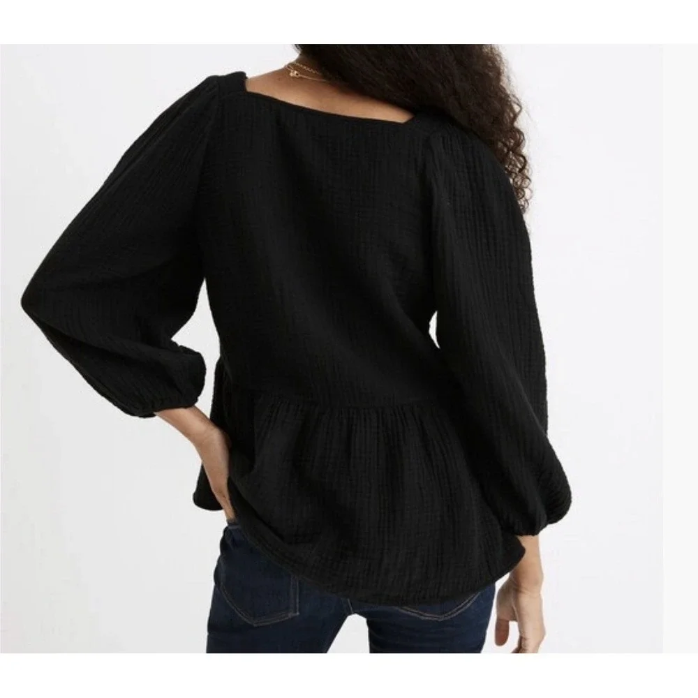 Madewell Puff Sleeve Lightspun Millbrook Peplum Top Square Neck Size‎ M Boho